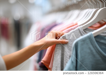 A woman hand is picking up t shirts from the rack A woman hand is picking up t shirts from the rack 128306364