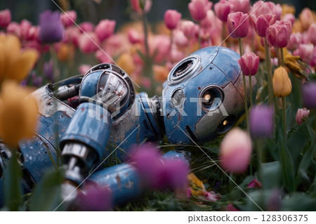 Robot lying in the grass, surrounded by orange, pink, and purple flowers 128306375