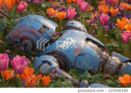 Robot lying in the grass, surrounded by orange, pink, and purple flowers 128306380