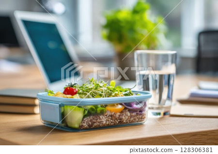 Variety of Healthy Food in Transparent Container on Office Desk with Laptop 128306381