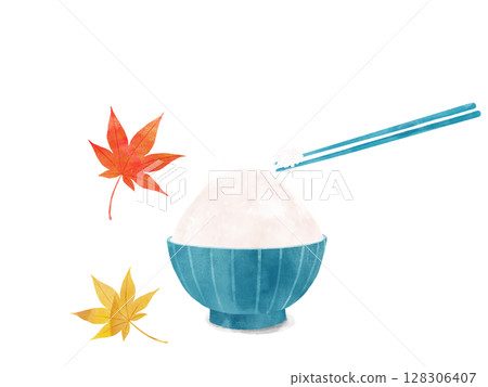 秋天的味道:楓葉和米飯、水彩畫 秋天的味道:楓葉和米飯、水彩畫 128306407