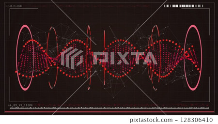 Digital DNA strand visualization with red geometric patterns on dark background Digital DNA strand visualization with red geometric patterns on dark background 128306410