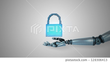 Robotic hand holding digital padlock, symbolizing cybersecurity and data protection Robotic hand holding digital padlock, symbolizing cybersecurity and data protection 128306413