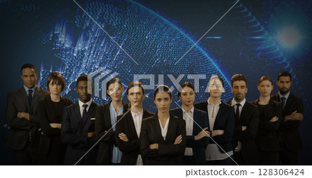 Standing confidently, diverse business team with arms crossed in front of globe Standing confidently, diverse business team with arms crossed in front of globe 128306424