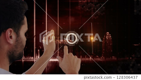 Using futuristic digital tablet, man interacting with virtual interface Using futuristic digital tablet, man interacting with virtual interface 128306437