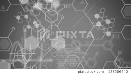 Image of chemical formulas over data processing on grey background 128306440