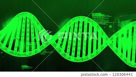 Image of dna strand spinning over chain on green background 128306441