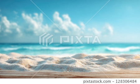 Beautiful summer background with sand and blue sky. Blurred beach scene with copy space Beautiful summer background with sand and blue sky. Blurred beach scene with copy space 128306484