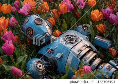 Robot lying in the grass, surrounded by orange, pink, and purple flowers 128306494
