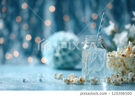 Blue and white themed party with popcorn, blue soda in a glass jar with a straw 128306500