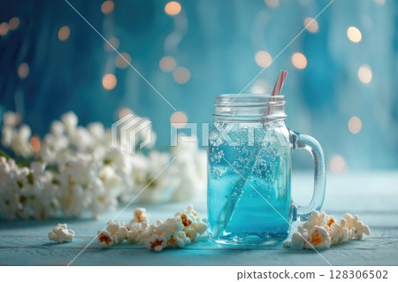 Blue and white themed party with popcorn, blue soda in a glass jar with a straw 128306502