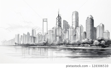 摩天大樓林立的城市的單色插圖 128306510