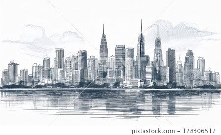 Monochrome illustration of a city with skyscrapers 128306512
