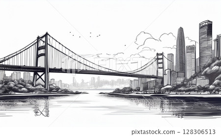 Monochrome illustration of a city with skyscrapers 128306513