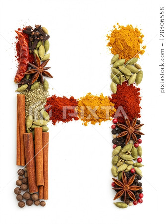 Culinary Typography Gourmet Spice Alphabet Collection for Food Enthusiasts the character H 128306558