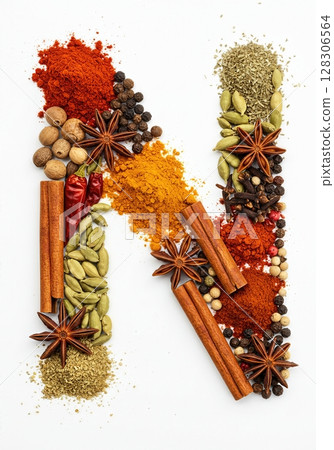Culinary Typography Gourmet Spice Alphabet Collection for Food Enthusiasts the character N 128306564