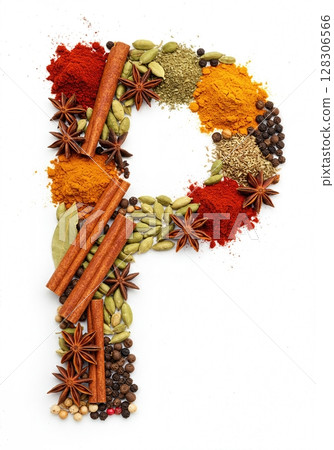 Culinary Typography Gourmet Spice Alphabet Collection for Food Enthusiasts the character P 128306566