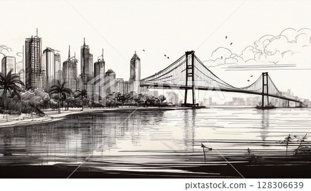 Monochrome illustration of a city with skyscrapers 128306639