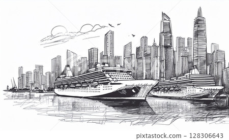 摩天大樓林立的城市的單色插圖 摩天大樓林立的城市的單色插圖 128306643