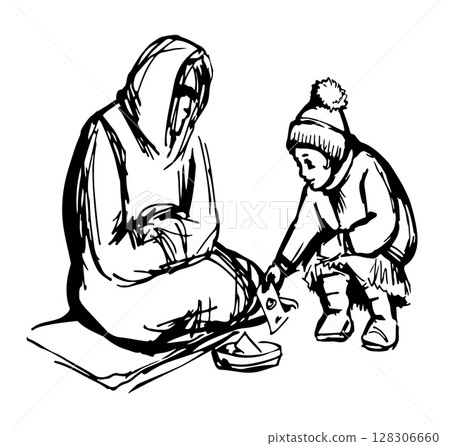 Vector Drawing. Girl askng for Alms Vector Drawing. Girl askng for Alms 128306660