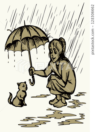 Vector Drawing. Girl Covering Kitty From Rain 128306662