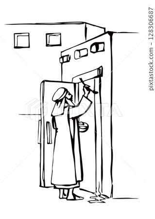 Vector drawing. The family fulfills God's command. Anoints the doorposts with the blood of the lamb 128306687