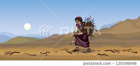 Vector drawing. Woman collecting firewood 128306696