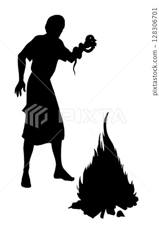 Vector drawing. A snake bit a man's hand 128306701