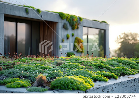 Urban Green Roof Garden With Diverse Plants 128306774