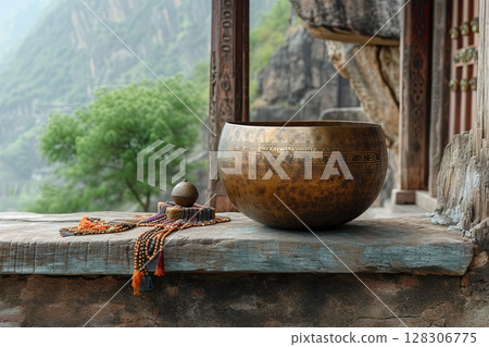 Tibetan Singing Bowl In Mountain Setting 128306775