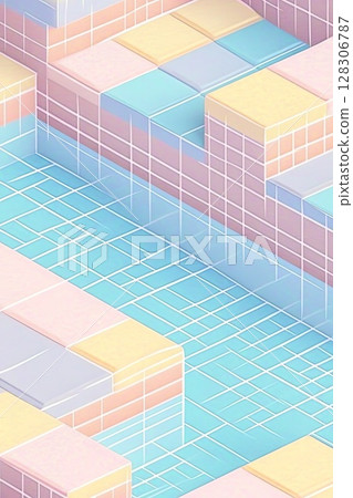 Pastel geometric abstract pattern with tiles and grid design. 128306787