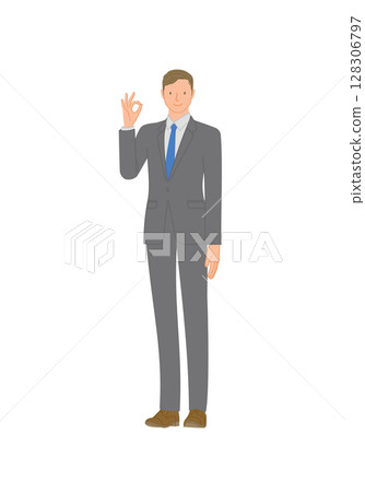 穿著西裝的年輕男子麵帶微笑：OK 手勢 128306797
