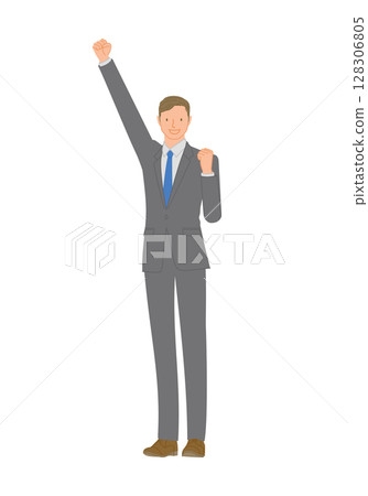 Smiling young man in a business suit: raising his arms in a fist pump Smiling young man in a business suit: raising his arms in a fist pump 128306805