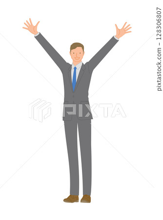Smiling young man in a business suit: Raise both hands and say bansai 128306807