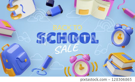 School sale banner design with 3D backpack books alarm clock and pencils on blue background 128306865