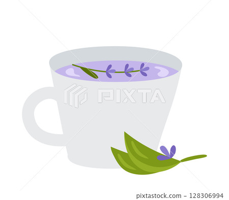 Cup of herbal tea with lavender flowers. Vector illustration of a healthy drink for design or decoration. Cup of herbal tea with lavender flowers. Vector illustration of a healthy drink for design or decoration. 128306994