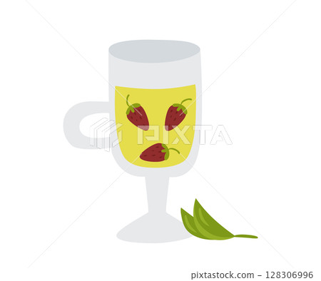 Glass mug of green herbal tea with strawberries. Vector illustration of a healthy drink for design or decoration. 128306996