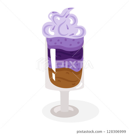 Lavender trifle, a dessert laid out in layers in a glass glass, decorated with whipped cream and flowers. Cute, cozy vector illustration. For a holiday card, banner, menu, coffee shop flyer. Lavender trifle, a dessert laid out in layers in a glass glass, decorated with whipped cream and flowers. Cute, cozy vector illustration. For a holiday card, banner, menu, coffee shop flyer. 128306999