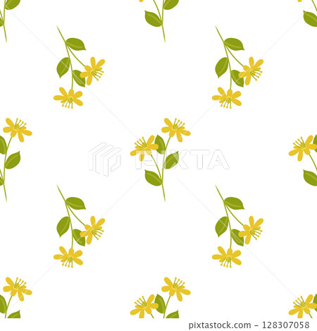 Seamless yellow pattern with St. John's wort plant flowers. Botanical vector illustration. Vector background for printing on paper or fabric, designer decor 128307058
