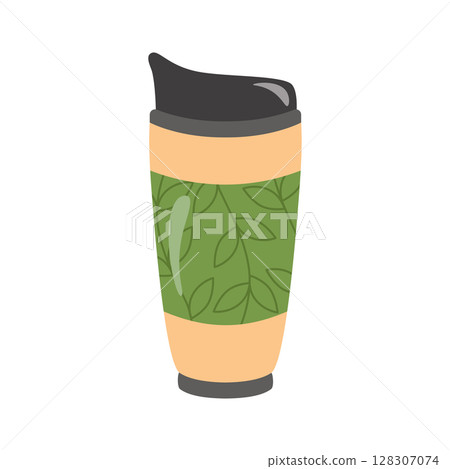 Reusable thermocup with plant print for the concept of zero waste. For hot drinks, coffee, tea, cocoa. Vector illustration in cartoon style. Reusable thermocup with plant print for the concept of zero waste. For hot drinks, coffee, tea, cocoa. Vector illustration in cartoon style. 128307074