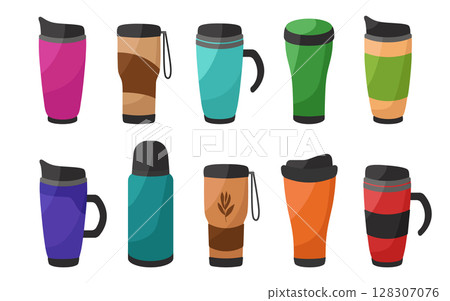 Large set of bright reusable thermos cups and thermos flasks for the concept of zero waste. For hot drinks, coffee, tea, cocoa. Vector illustration in cartoon style. Large set of bright reusable thermos cups and thermos flasks for the concept of zero waste. For hot drinks, coffee, tea, cocoa. Vector illustration in cartoon style. 128307076