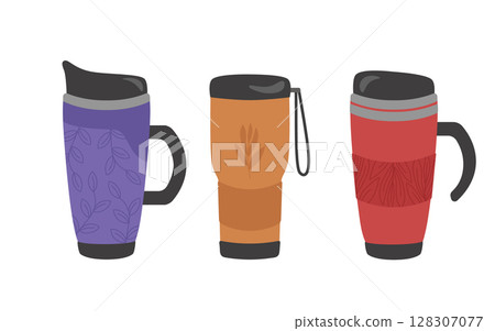Set of reusable thermo mugs with a plant print for the concept of zero waste. For hot drinks, coffee, tea, cocoa. Vector illustration in cartoon style. Set of reusable thermo mugs with a plant print for the concept of zero waste. For hot drinks, coffee, tea, cocoa. Vector illustration in cartoon style. 128307077