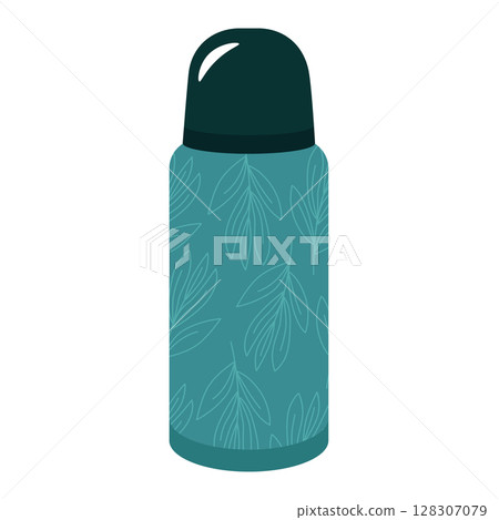 Thermos for keeping drinks hot with a floral print. Vector illustration for design or decoration. Thermos for keeping drinks hot with a floral print. Vector illustration for design or decoration. 128307079