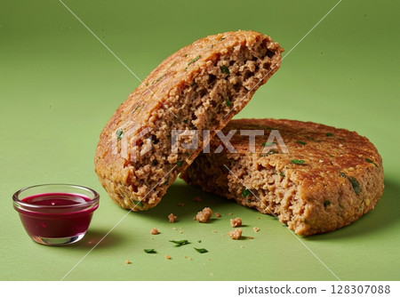 Hearty Plant Based Patty Close Up with Fresh Herbs and Dipping Sauce on Green Background  128307088