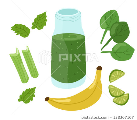 Green smoothie made of spinach, bananas, lime, celery, mint. Bright colorful summer set of ingredients. Vector illustration of healthy refreshing drinks. 128307107