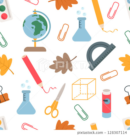 Seamless pattern with school stationery and text. A globe, a brush, paints, a sheet in a cage, scissors, paper clips, a calculator, glue. Vector background for printing on paper, fabric, packaging, 128307114