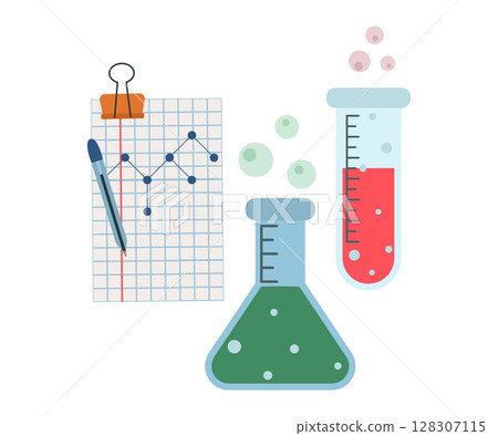 Glass test tube and flask with liquid for chemical experiments in a school or scientific laboratory. Vector isolated illustration for design or decoration. Glass test tube and flask with liquid for chemical experiments in a school or scientific laboratory. Vector isolated illustration for design or decoration. 128307115