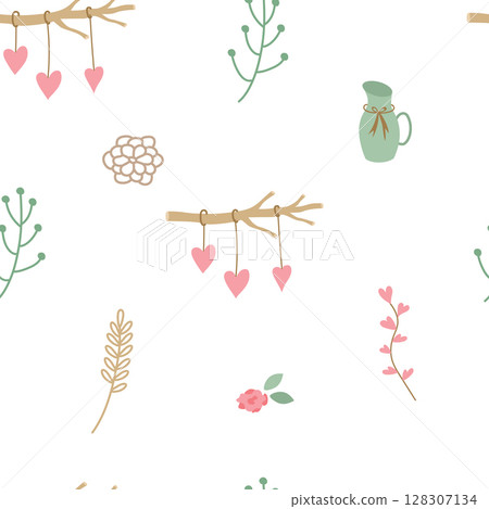 Seamless pattern with twigs, dried flowers, roses, garlands with hearts in rustic style. Simple elegant vector background for printing on fabric, paper, packaging, wallpaper Seamless pattern with twigs, dried flowers, roses, garlands with hearts in rustic style. Simple elegant vector background for printing on fabric, paper, packaging, wallpaper 128307134