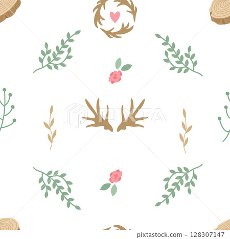 Seamless pattern with horns, tree branches, dried flowers, roses, hearts in rustic style. Simple elegant vector background for printing on fabric, paper, packaging, wallpaper 128307147