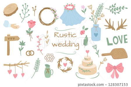 Rustic wedding elements for decoration. Simple uncomplicated flowers, a wreath, a cake, leaves, bouquets, twigs, a tree saw. Cozy natural vector design. 128307153